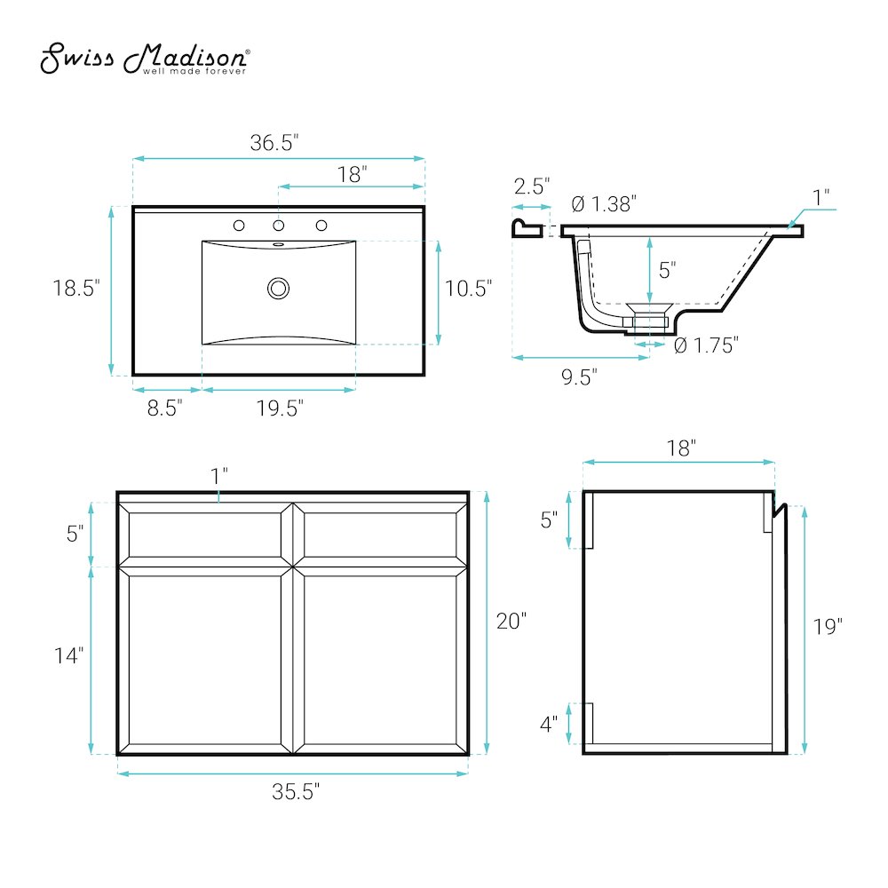 36" Wall-Mounted Bathroom Vanity in Brown Oak with 3-Hole Widespread Sink Top. Picture 6