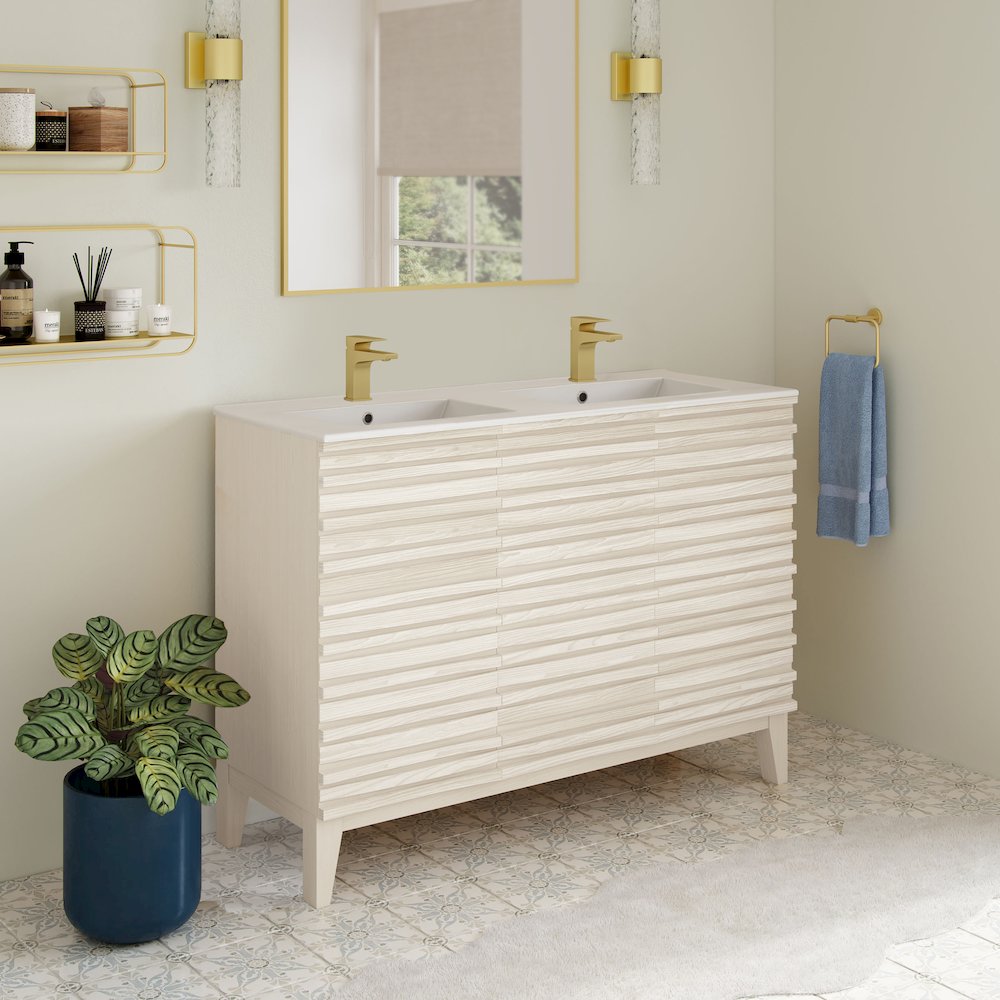 Cascade 48" Freestanding Bathroom Vanity in White Oak with Double Basin Sink Top. Picture 8