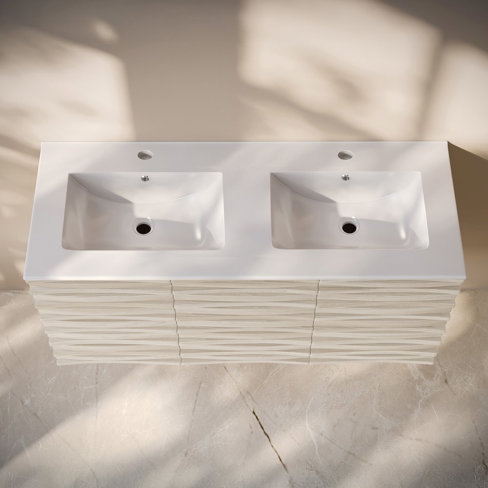 Cascade 48" Wall-Mounted Bathroom Vanity in White Oak with Double Basin Sink Top. Picture 4