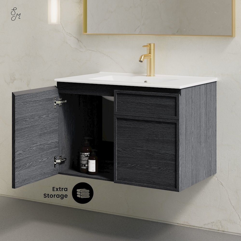St. Tropez 30" Wall-Mounted Bathroom Vanity in Black Oak with Sink Top. Picture 9