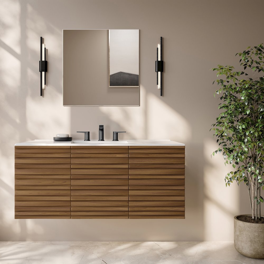 48" Wall-Mounted Bathroom Vanity in Brown Oak with 3-Hole Widespread Sink Top. Picture 7