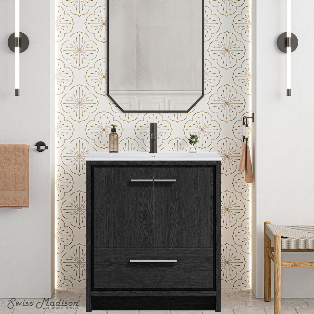 Virage 30" Freestanding Bathroom Vanity in Black Oak with Sink Top. Picture 7