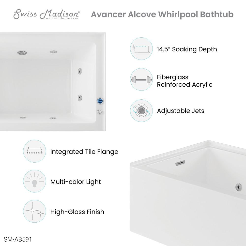 60" x 36" Right-Hand Drain Rectangular Alcove Whirlpool Bathtub. Picture 4