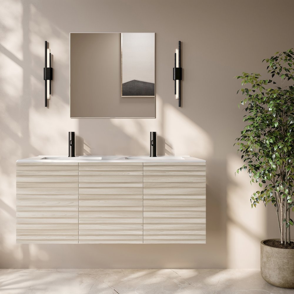 Cascade 48" Wall-Mounted Bathroom Vanity in White Oak with Double Basin Sink Top. Picture 7