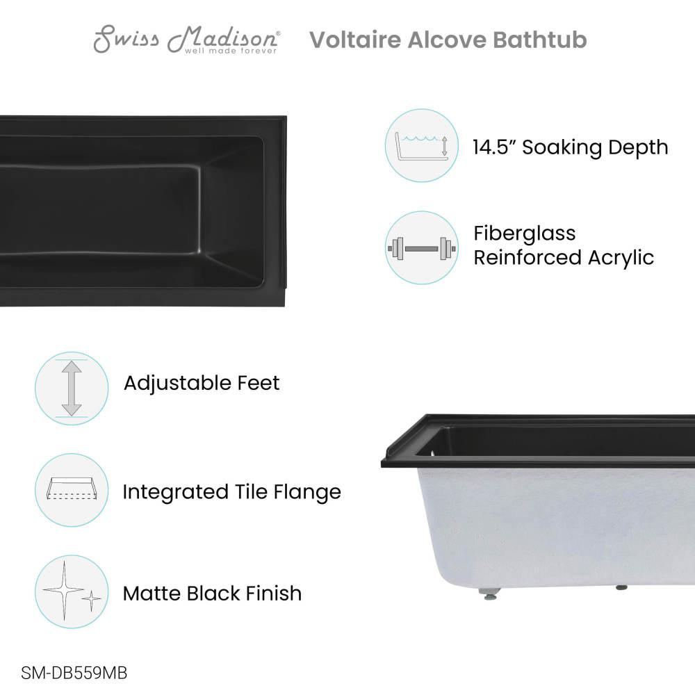 Voltaire 60" x 30" Left-Hand Drain Alcove Bathtub in Matte Black. Picture 4