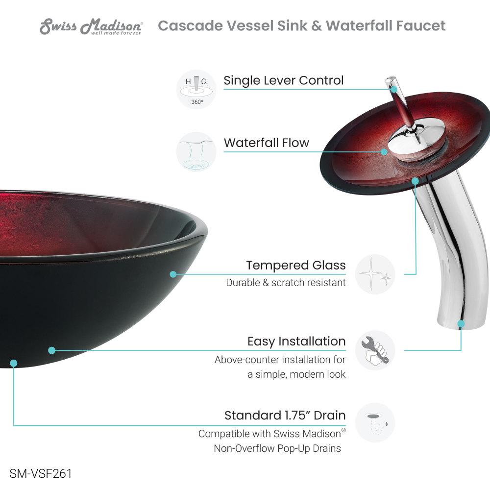 Cascade 16.5 Glass Vessel Sink with Faucet, Ember Red. Picture 4