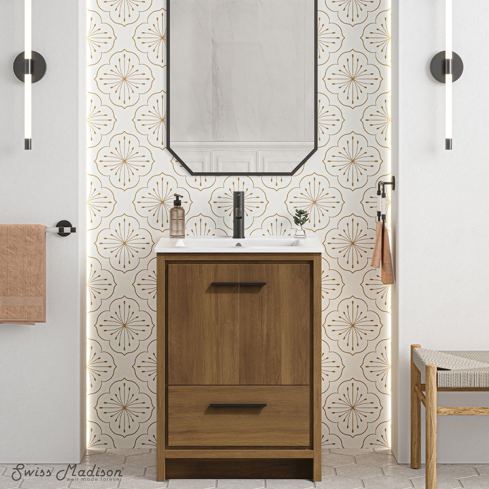 Virage 24" Freestanding Bathroom Vanity in Brown Oak with Sink Top. Picture 7