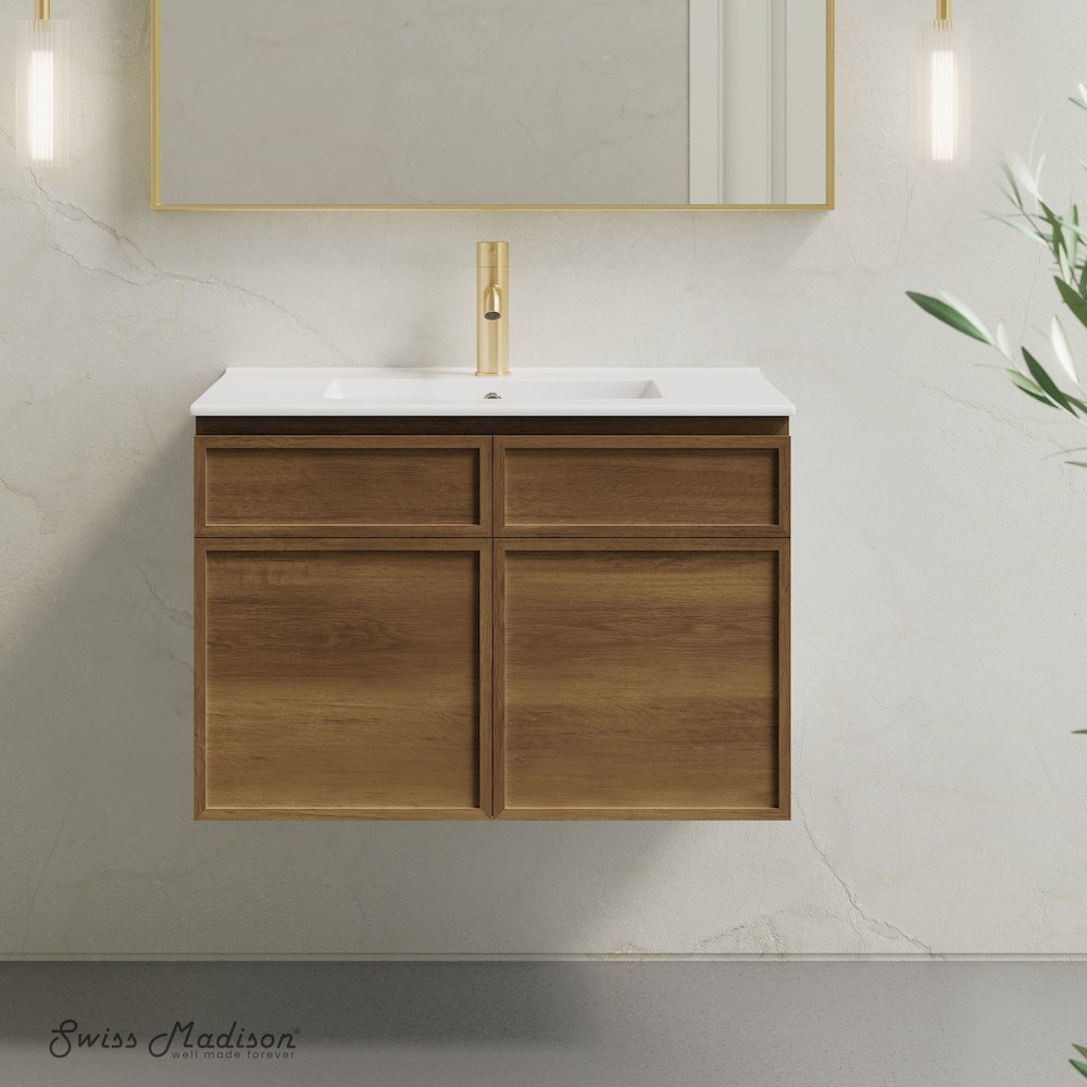 St. Tropez 30" Wall-Mounted Bathroom Vanity in Brown Oak with Sink Top. Picture 7