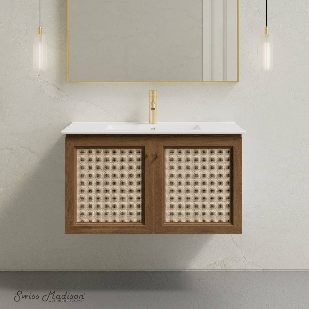 36" Wall-Mounted Bathroom Vanity in Brown Oak with Single Faucet Hole Vanity Top. Picture 7