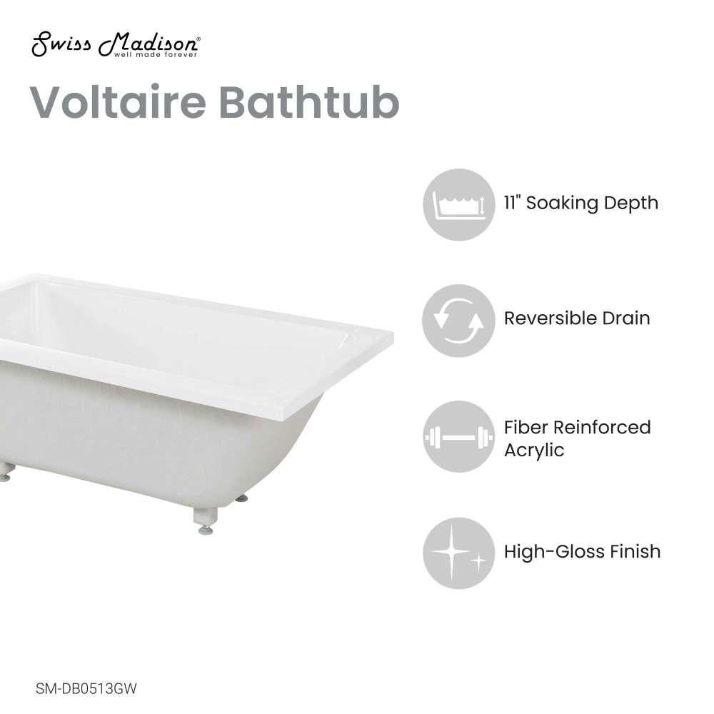 Voltaire 48" x 30" Reversible Drain Drop-In Bathtub. Picture 4