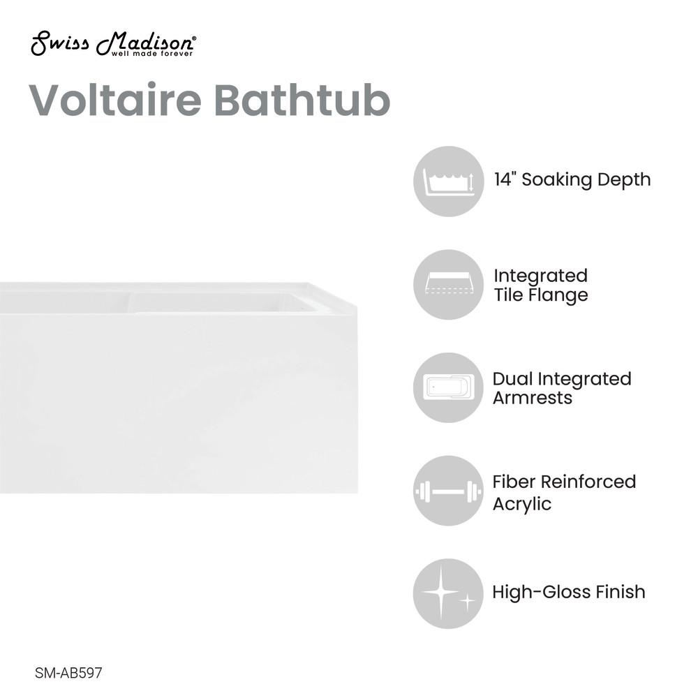 Voltaire 48" x 30" Right-Hand Drain Alcove Integrated Armrest Bathtub with Apron. Picture 4