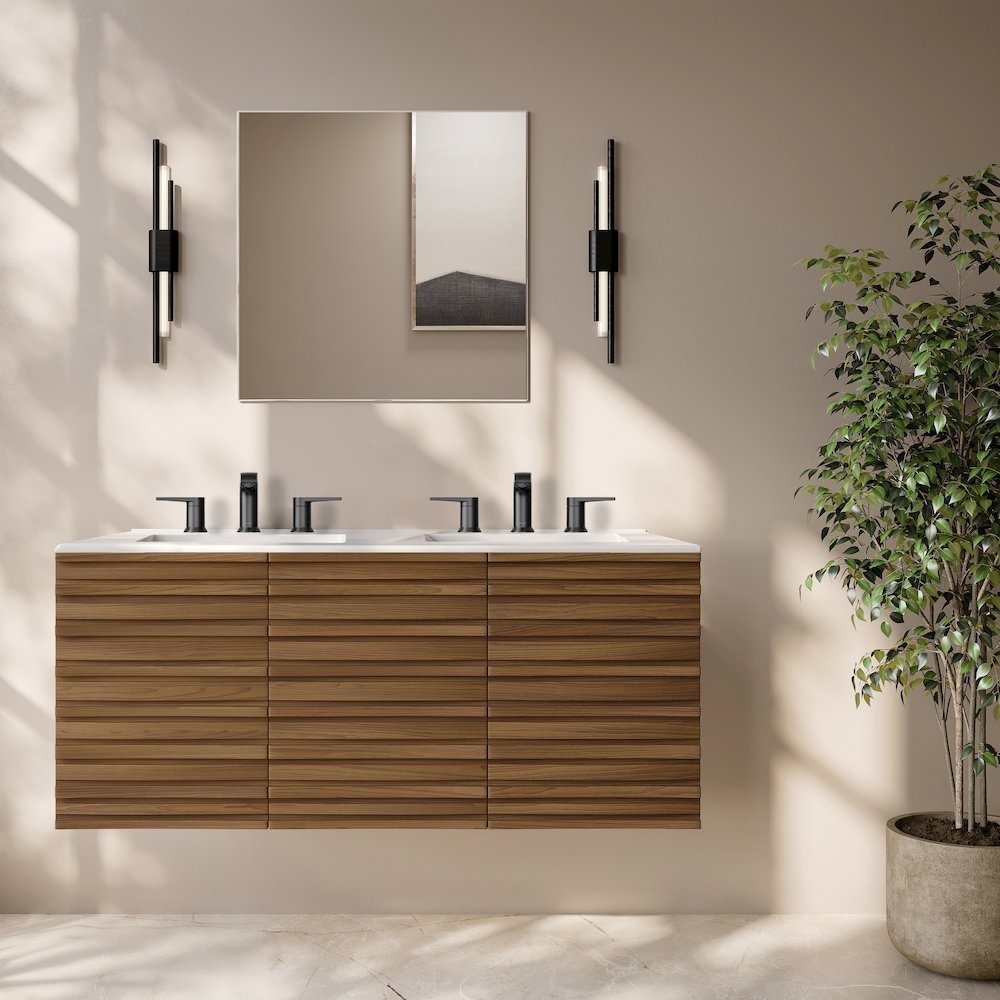 48" Wall-Mounted Bathroom Vanity in Brown Oak with Widespread Basin Sink Top. Picture 7