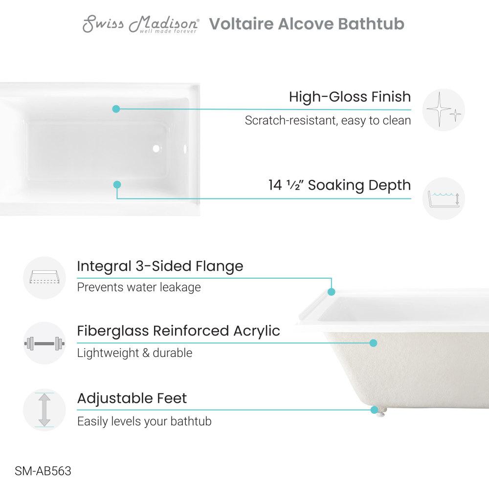 54" x 30" Acrylic Glossy White, Alcove, Integral Right-Hand Drain, Bathtub. Picture 4