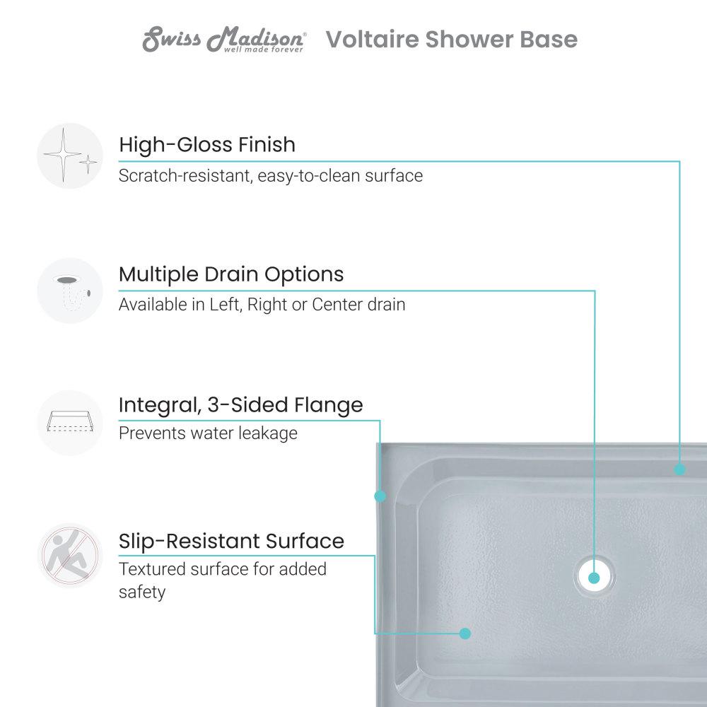 Voltaire 48" x 36" Single-Threshold, Center Drain, Shower Base in Grey. Picture 4