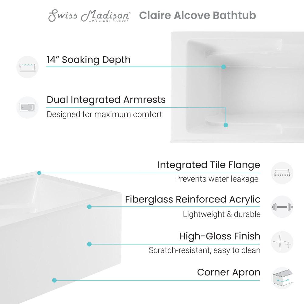 Claire 60" x 32" Right-Hand Drain Drain Alcove Tub with Corner Apron. Picture 4