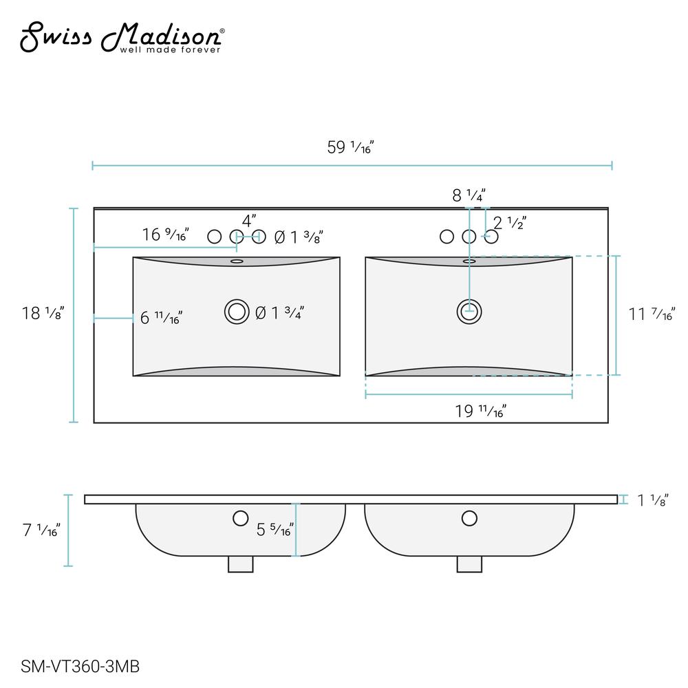 60 inch Vanity Top Bathroom Sink in Matte Black with 3 Holes. Picture 15