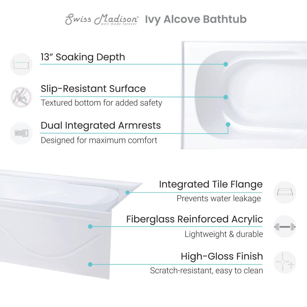 Ivy 60" x 30" Left-Hand Drain Alcove Bathtub with Apron. Picture 4