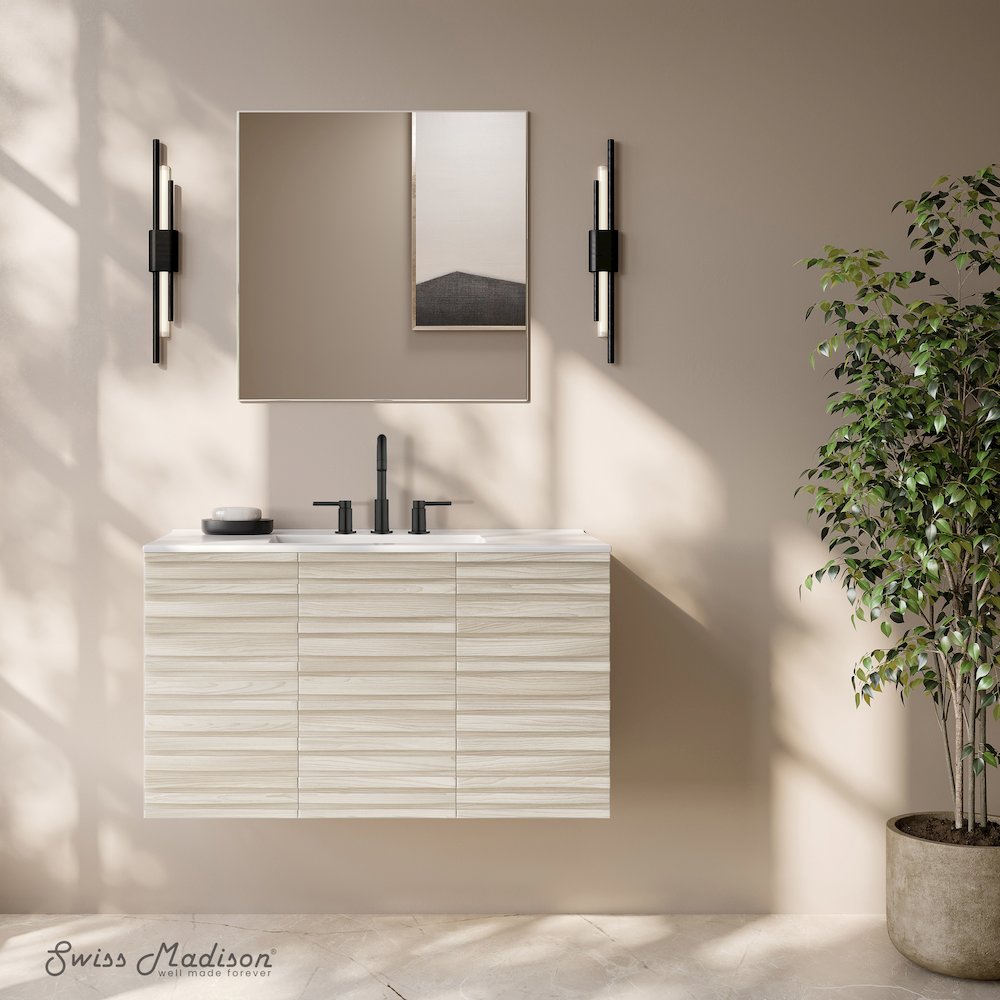 Cascade 36" Wall-Mounted Bathroom Vanity in White Oak with 3-Hole Sink Top. Picture 7