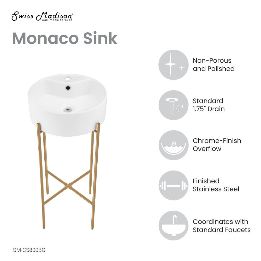 15.75" Round Console Sink with Faucet Mount, White Basin Brushed Gold Legs. Picture 4