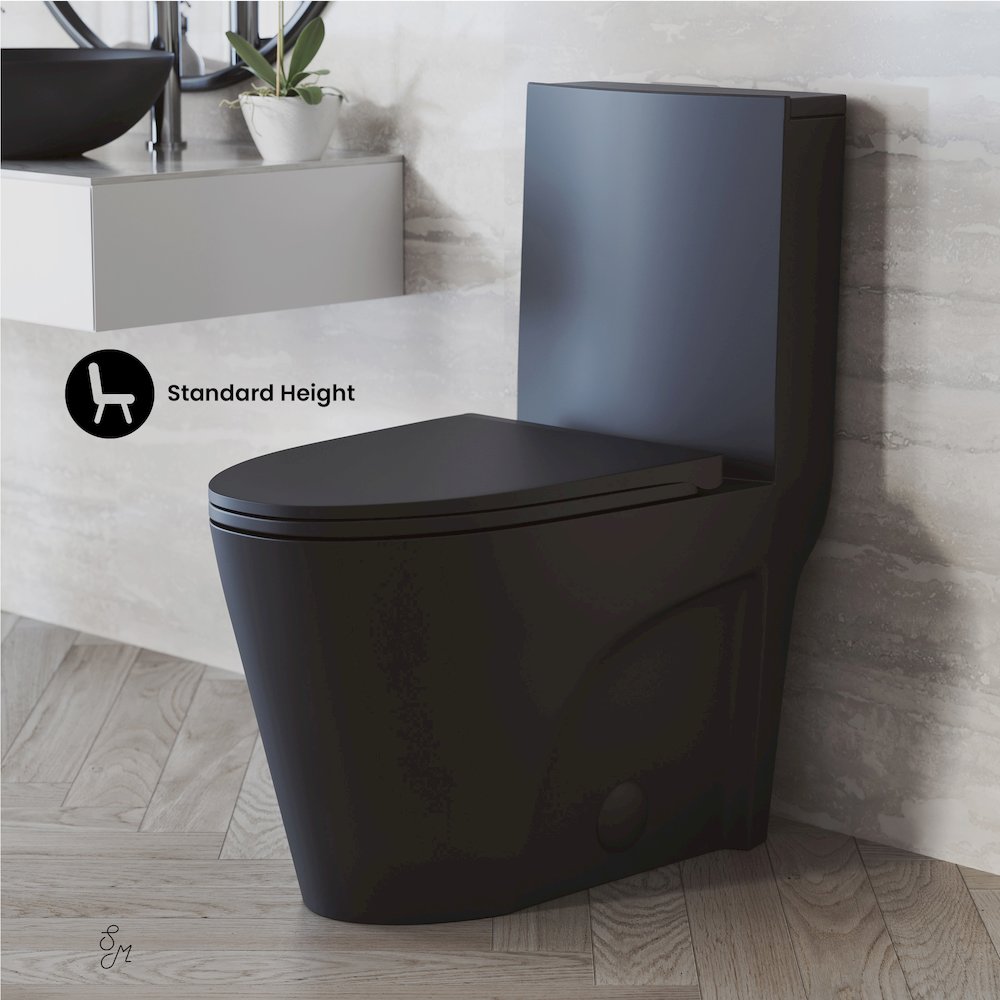 One-Piece 14" Rough-in 1.28 GPF Left Flush Elongated Toilet in Matte Black. Picture 4