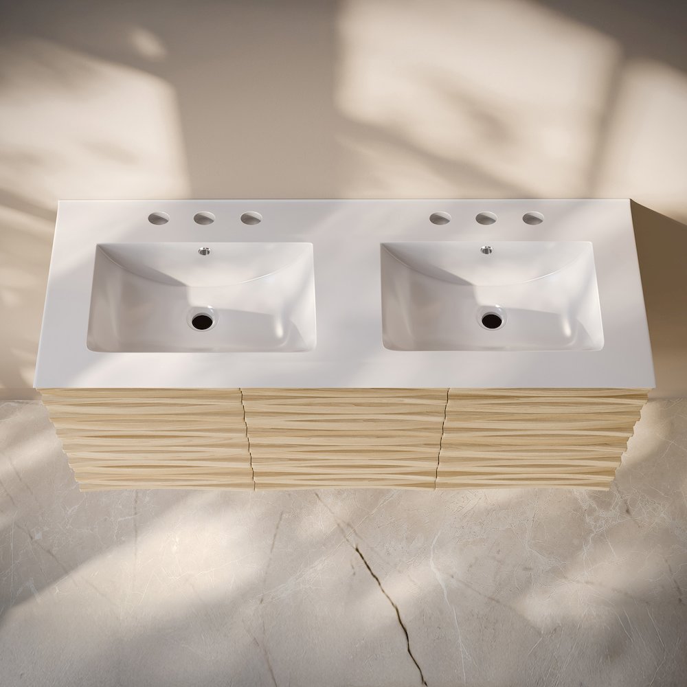 48" Bathroom Vanity in Natural Oak with Widespread Double Basin Sink Top. Picture 4