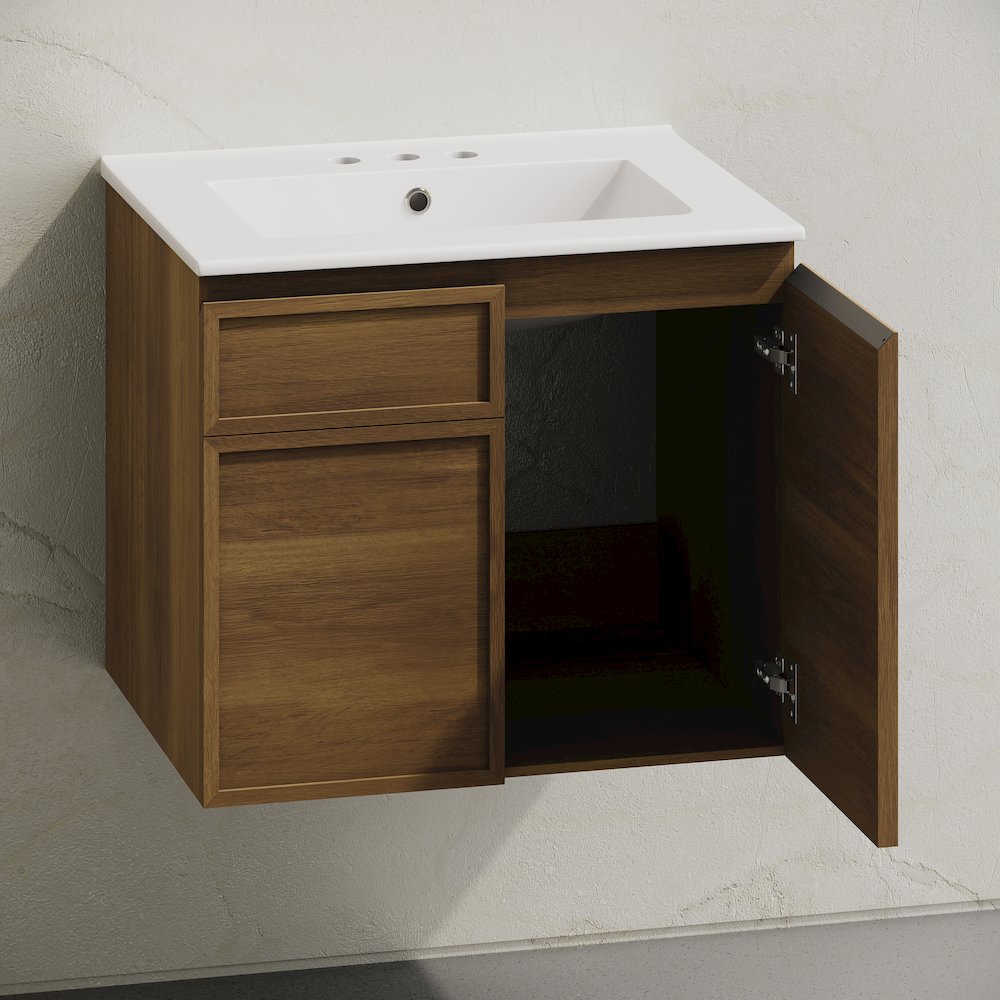 24" Wall-Mounted Bathroom Vanity in Brown Oak with 3-Hole Centerset Sink Top. Picture 4