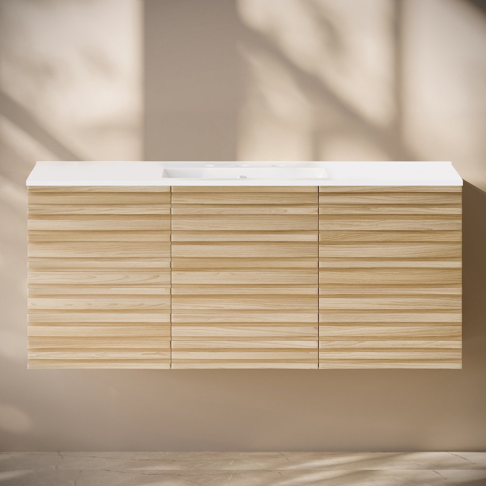 48" Wall-Mounted Bathroom Vanity in Natural Oak with 3-Hole Widespread Sink Top. Picture 6