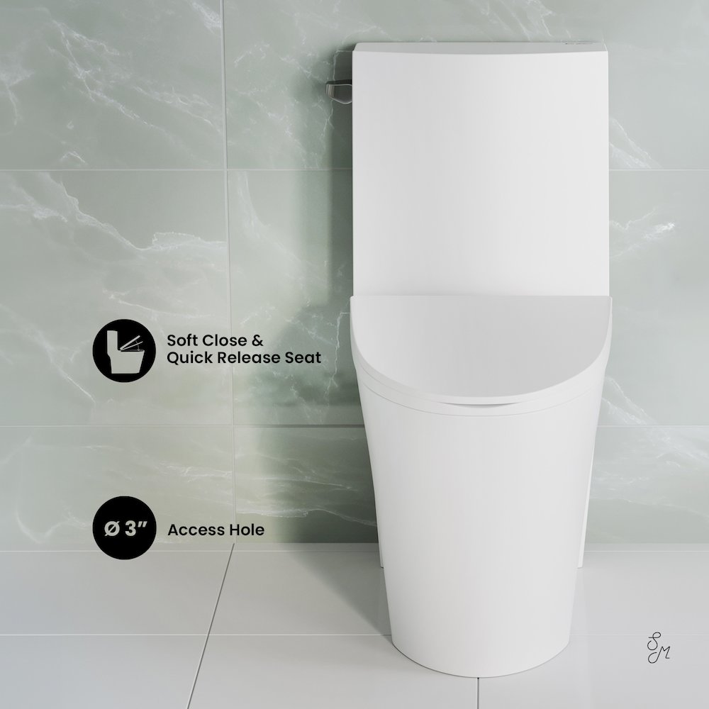 One-Piece 14" Rough-in 1.28 GPF Left Flush Elongated Toilet in Glossy White. Picture 3