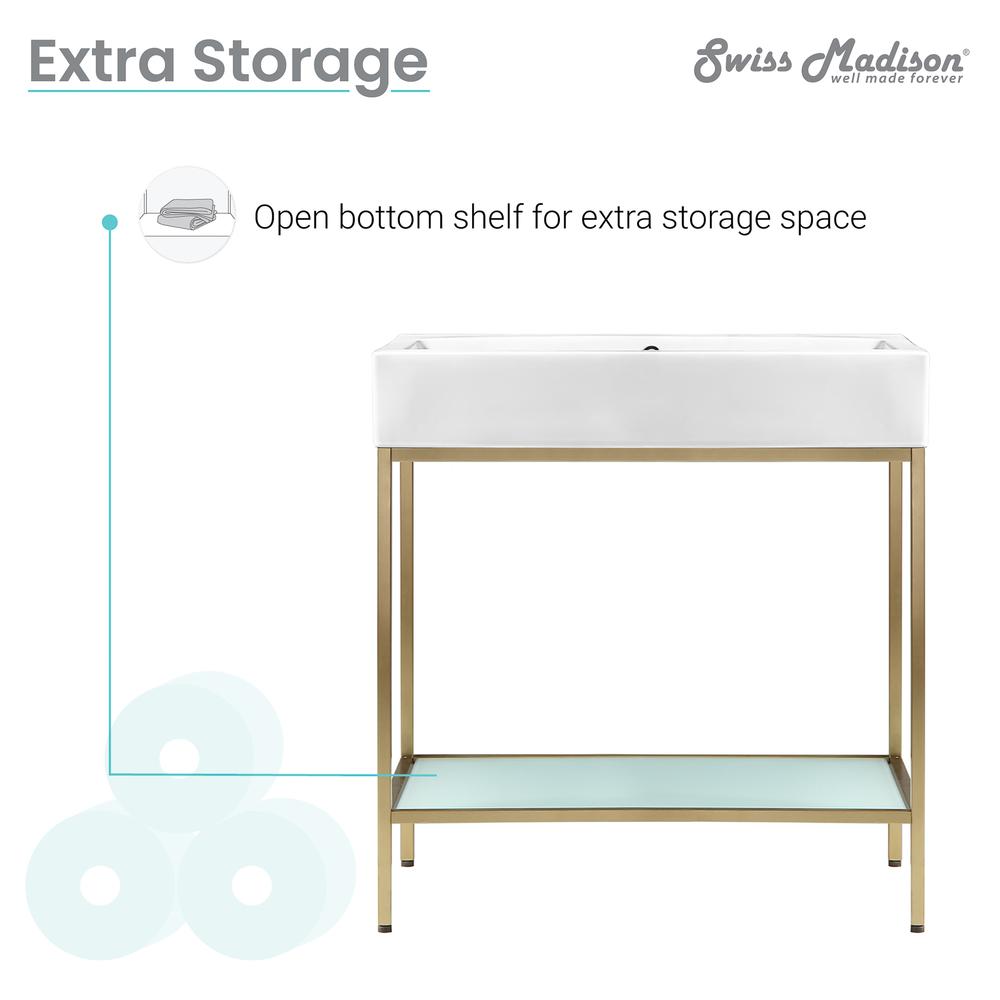 Pierre 32 Single, Freestanding, Open Shelf, Gold Metal Frame Bathroom Vanity. Picture 10