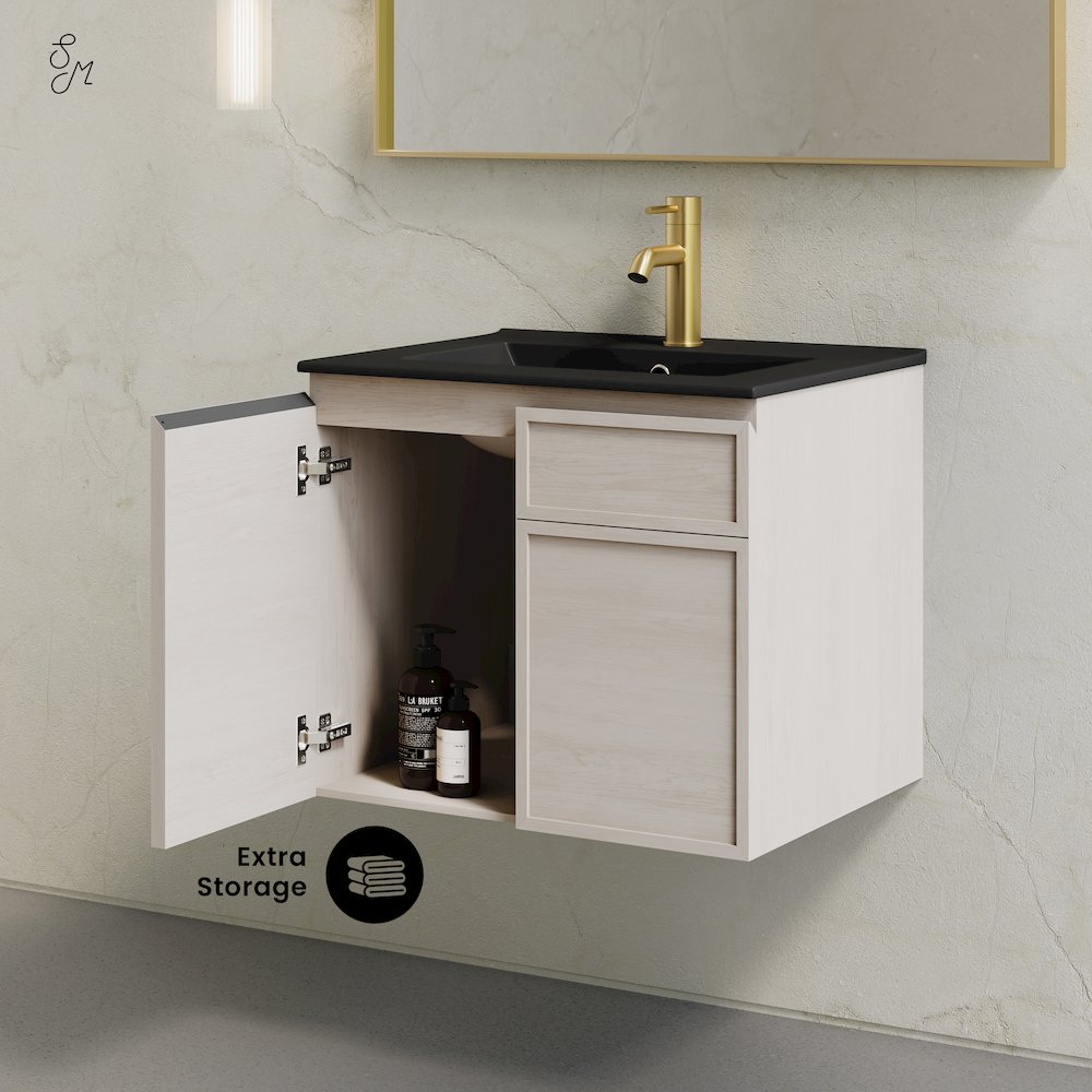 St. Tropez 24" Wall-Mounted Bathroom Vanity in White Oak with Black Sink Top. Picture 9