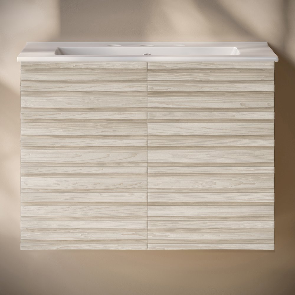 Cascade Wall-Mounted Bathroom Vanity in White Oak with 3-Hole Sink Top. Picture 5
