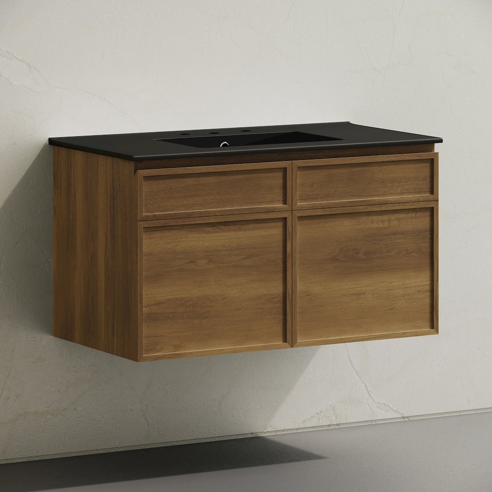 36" Wall-Mounted Bathroom Vanity in Brown Oak with Black Widespread Sink Top. Picture 2