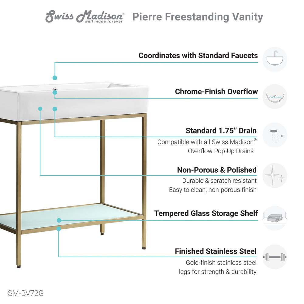Pierre 32 Single, Freestanding, Open Shelf, Gold Metal Frame Bathroom Vanity. Picture 8