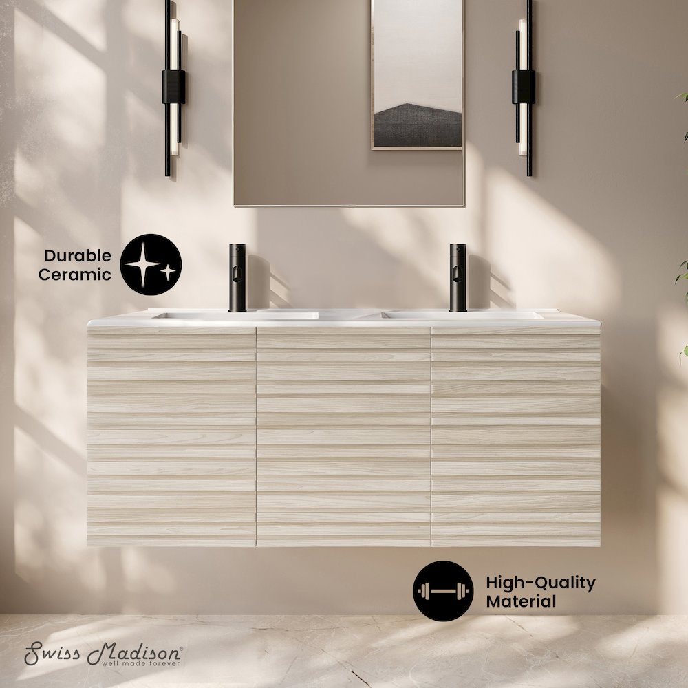 Cascade 48" Wall-Mounted Bathroom Vanity in White Oak with Double Basin Sink Top. Picture 8