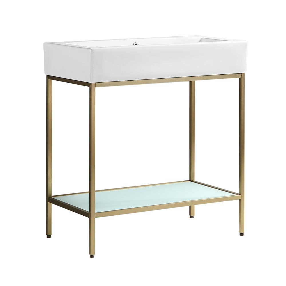 Pierre 32 Single, Freestanding, Open Shelf, Gold Metal Frame Bathroom Vanity. Picture 2