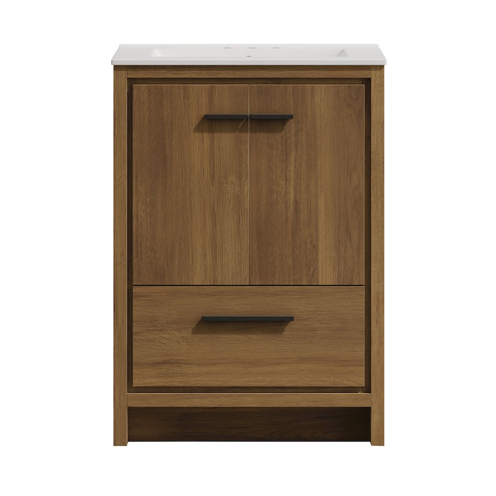 24" Freestanding Bathroom Vanity in Brown Oak with 3-Hole Centerset Sink Top. Picture 1