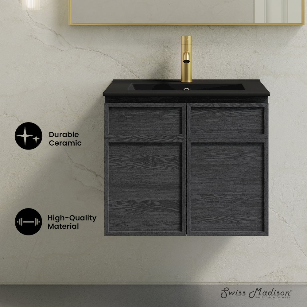 St. Tropez 24" Wall-Mounted Bathroom Vanity in Black Oak with Black Sink Top. Picture 8