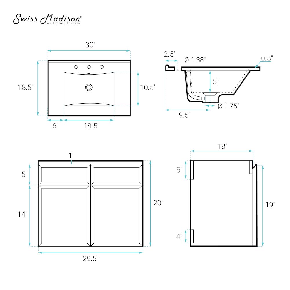 30" Wall-Mounted Bathroom Vanity in Brown Oak with 3-Hole Widespread Sink Top. Picture 6