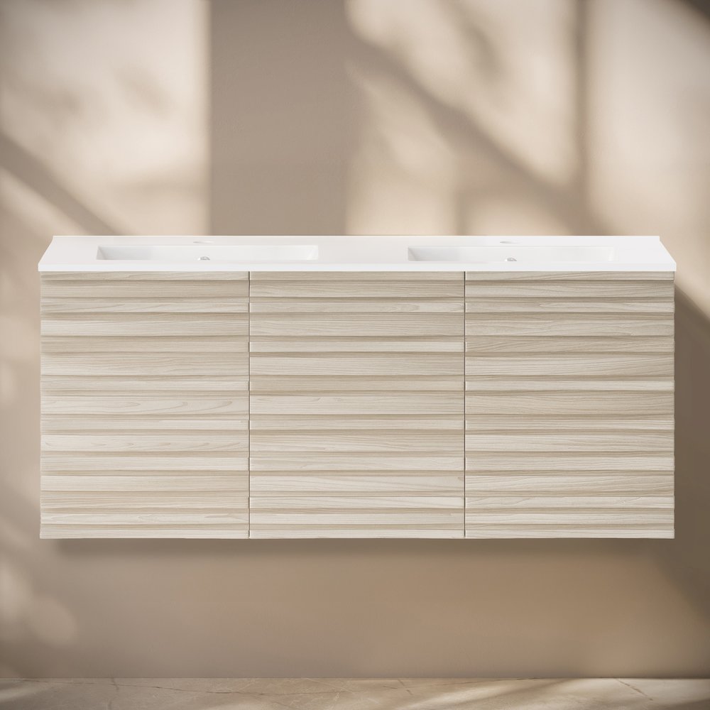 Cascade 48" Wall-Mounted Bathroom Vanity in White Oak with Double Basin Sink Top. Picture 6