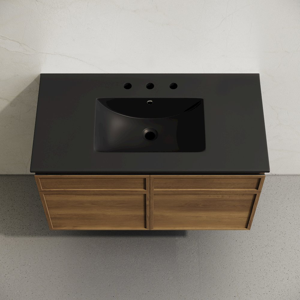 36" Wall-Mounted Bathroom Vanity in Brown Oak with Black Widespread Sink Top. Picture 3