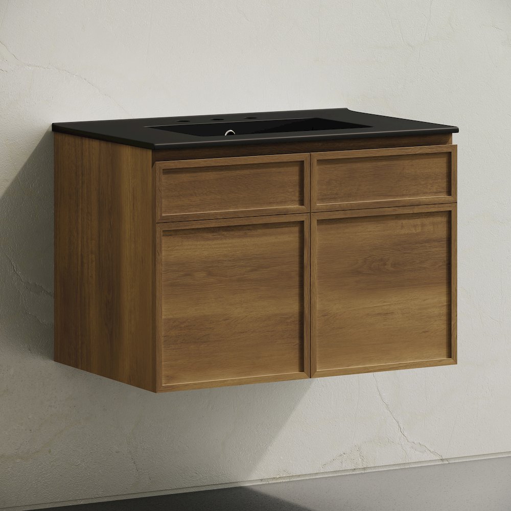 30" Wall-Mounted Bathroom Vanity in Brown Oak with Black Widespread Sink Top. Picture 2