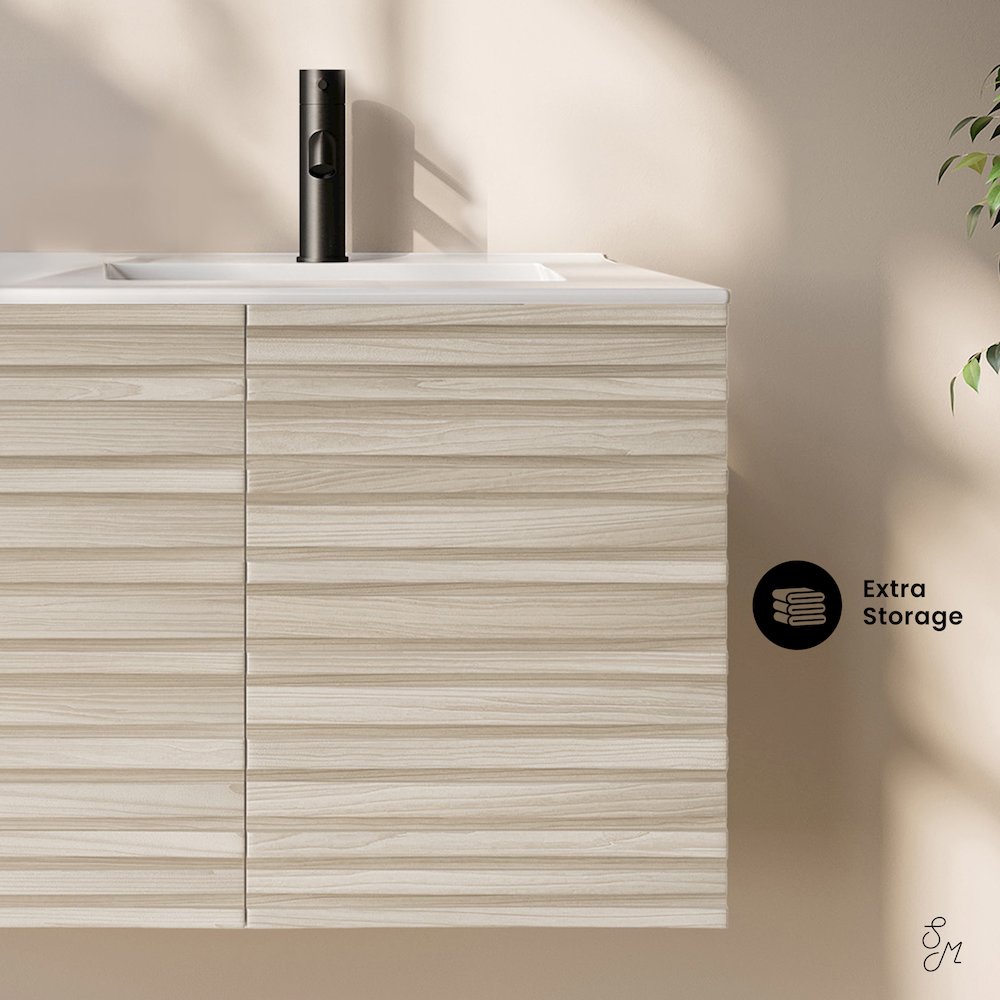 Cascade 48" Wall-Mounted Bathroom Vanity in White Oak with Double Basin Sink Top. Picture 9