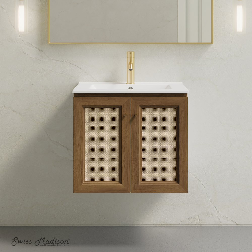 24" Wall-Mounted Bathroom Vanity in Brown Oak with Single Faucet Hole Vanity Top. Picture 2