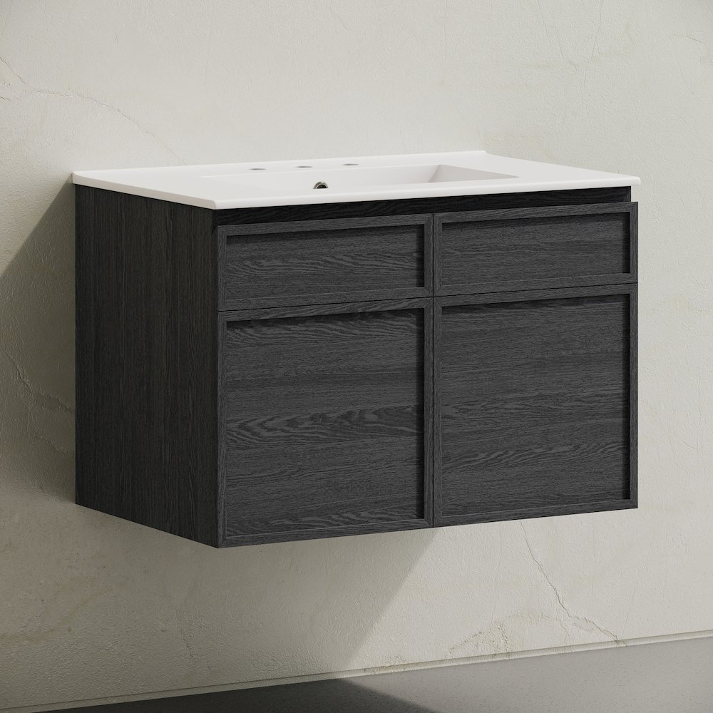 30" Wall-Mounted Bathroom Vanity in Black Oak with 3-Hole Widespread Sink Top. Picture 2