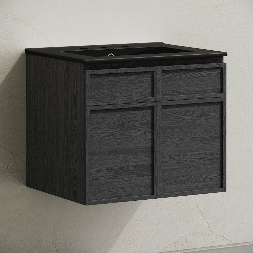 24" Wall-Mounted Bathroom Vanity in Black Oak with Black Widespread Sink Top. Picture 2