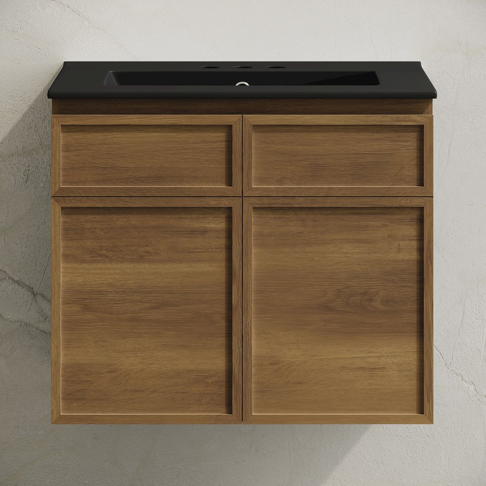 24" Wall-Mounted Bathroom Vanity in Brown Oak with Black Widespread Sink Top. Picture 5