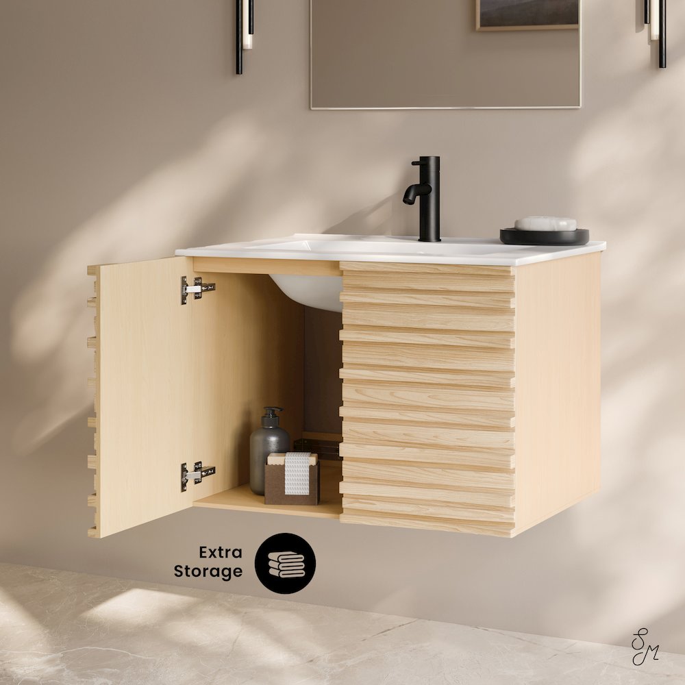 Cascade 30" Wall-Mounted Bathroom Vanity in Natural Oak with Sink Top. Picture 9
