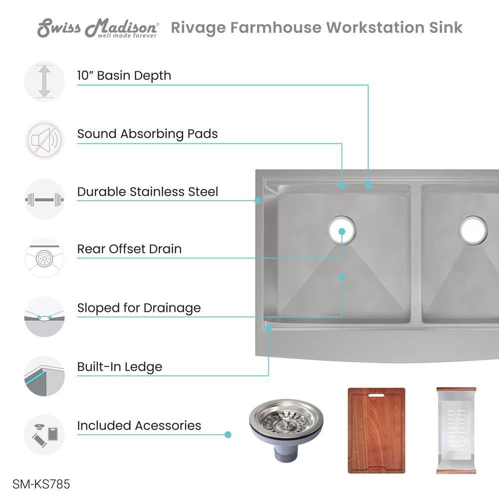 Rivage 33 x 22 Dual Basin Apron Kitchen Workstation Sink. Picture 10