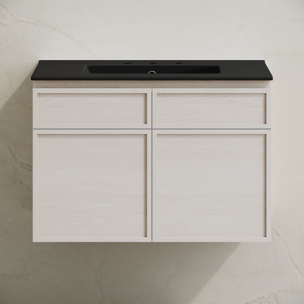30" Wall-Mounted Bathroom Vanity in White Oak with Black Widespread Sink Top. Picture 5