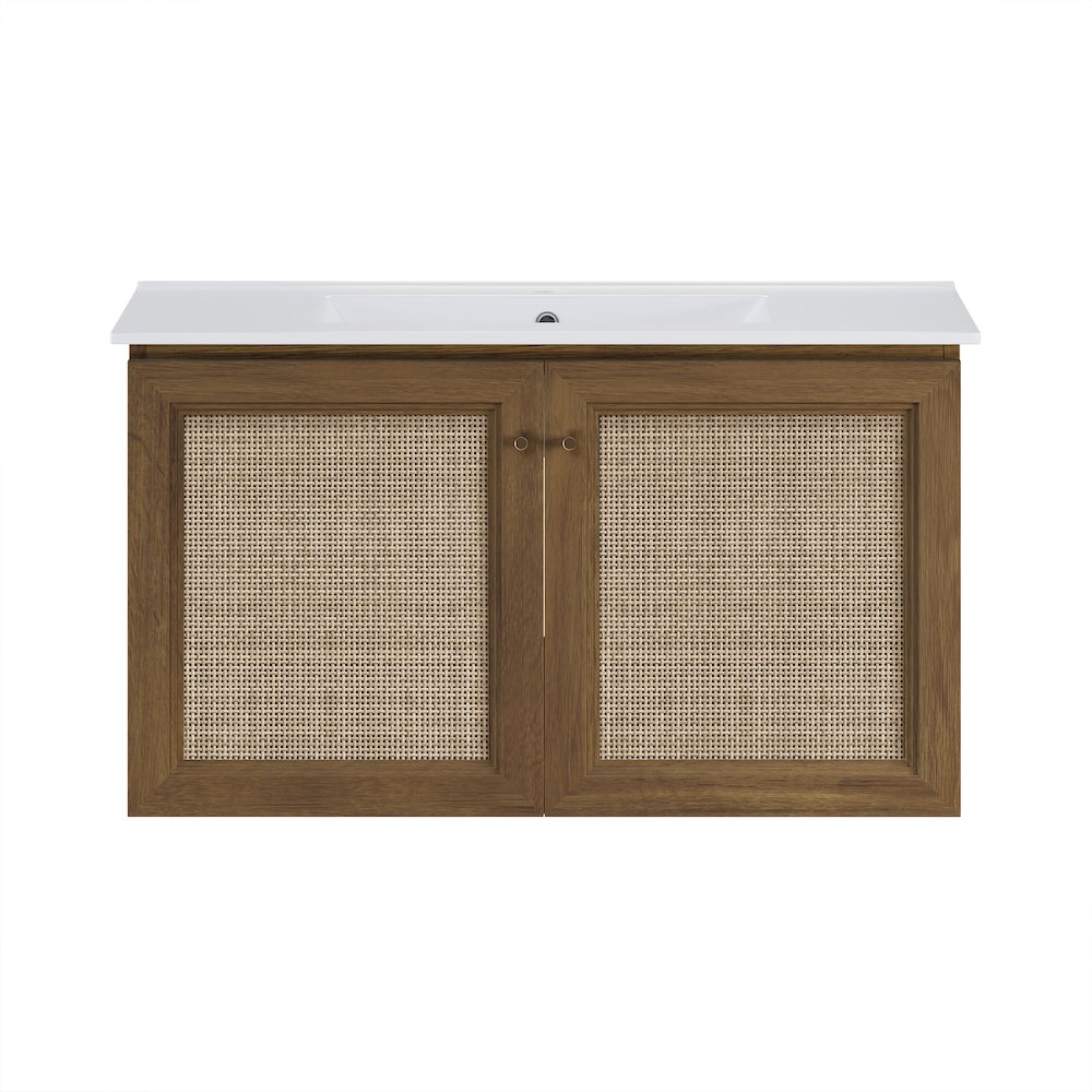 36" Wall-Mounted Bathroom Vanity in Brown Oak with Single Faucet Hole Vanity Top. Picture 1